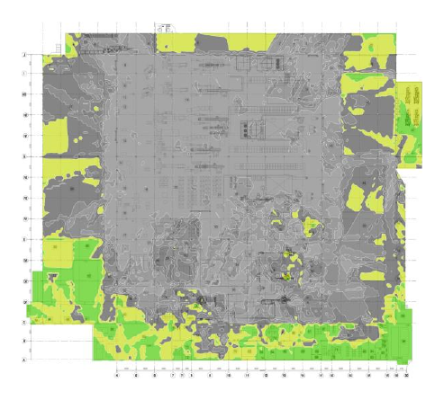 Channel interference heatmap from a real Genmar WiFi site survey, showing how many access points overlap on the same channel across the floorplan