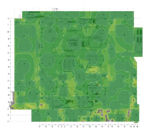 Signal-to-noise ratio heatmap from a real Genmar WiFi site survey, showing strong coverage in green across a processing plant floorplan